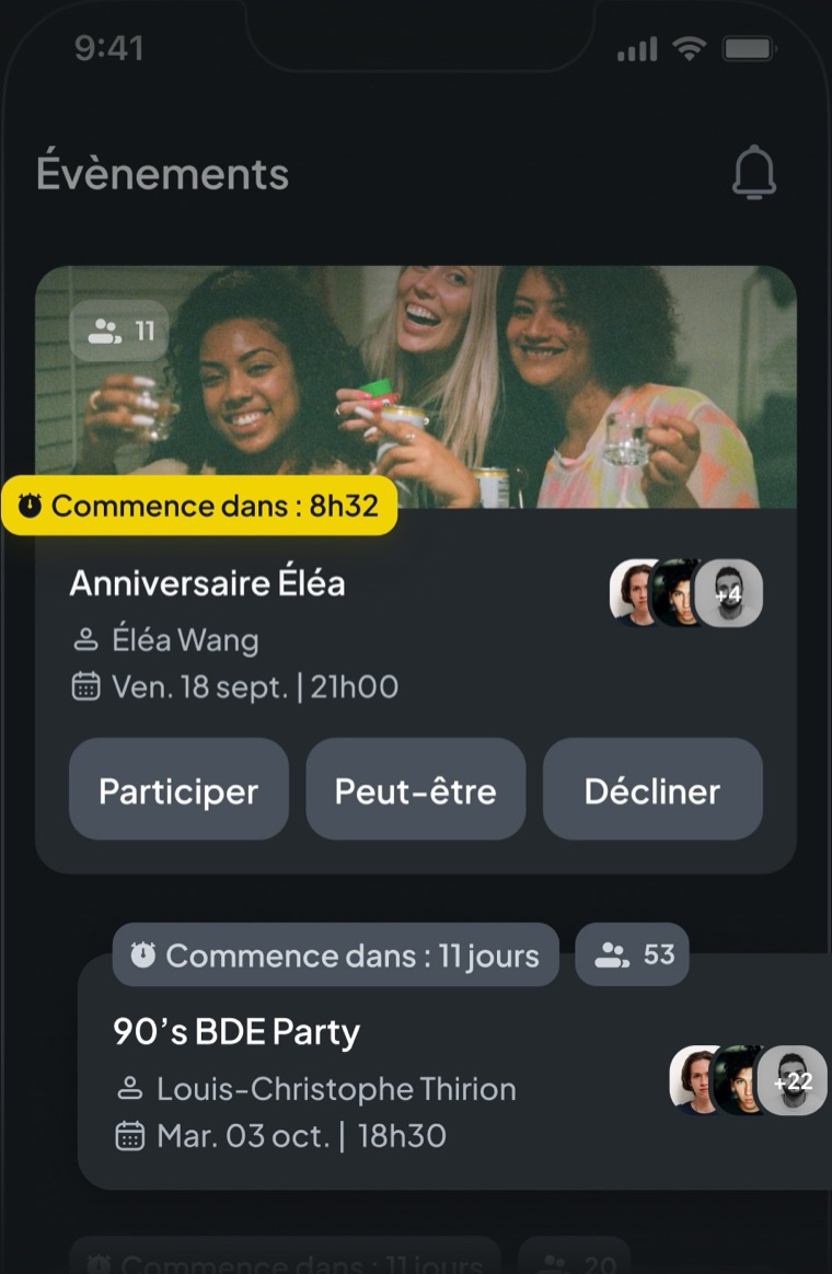 L'écran d'accueil de FestUp : la liste des soirées à venir avec les amis qui participent.