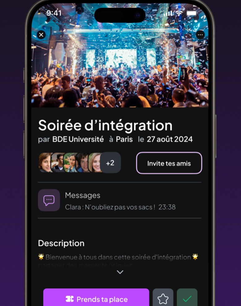 La page d'un événement FestUp avec sa photo, ses invités et le bouton pour participer.