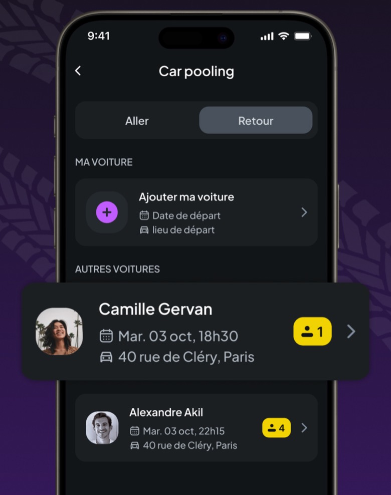 L'écran de covoiturage FestUp, avec les voitures aller et retour.